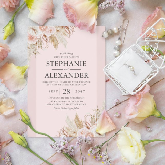 Pampas Invitación a la boda con flores rosadas (Subido por el creador)