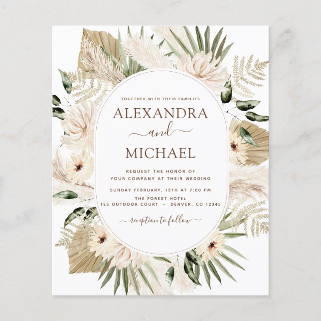 Pampas Presupuesto Boho Eucalyptus Boda Flyer (Frente)