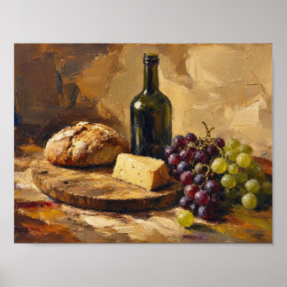 Pan de vino queso uvas Pintura de arte abstracto