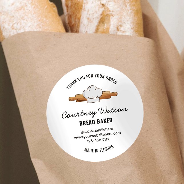 Panadería de Pan Sourdough Etiqueta (Bread bakery contact details product label with rolling pin and chef hat illustrations)