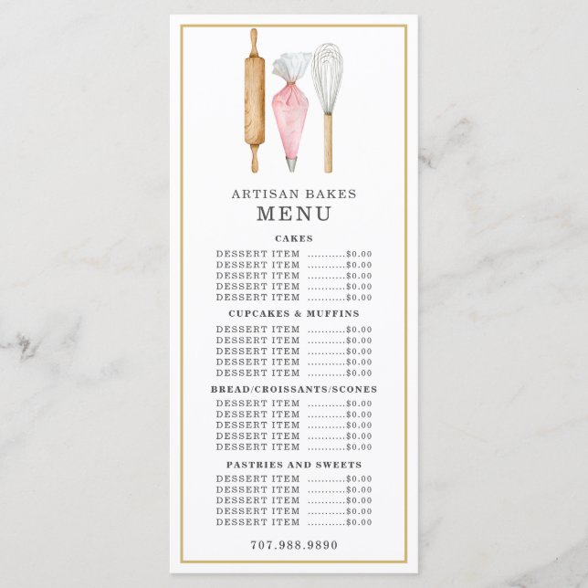 Panadería Pastelero Acuarela Menú Utensilios de Re (Anverso)