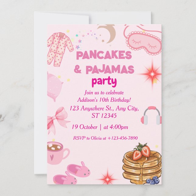 Pancakes Pajamas Fiesta Invitación al cumpleaños (Anverso)