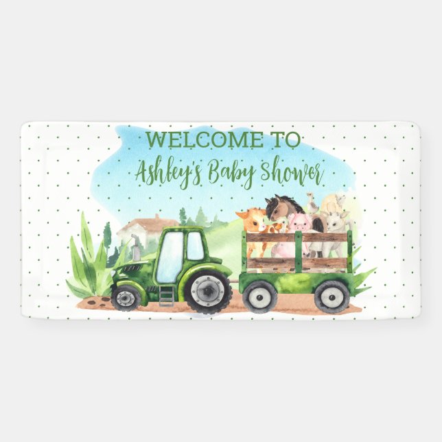 Pancarta Baby Shower de Green Tractor para animale (Horizontal)