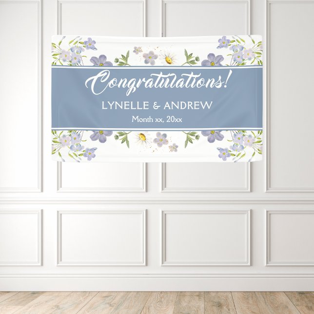 Pancarta Boda azul de las flores de verano (Summer Flowers Blue Wedding Banner)