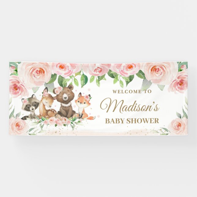 Pancarta con fondo floral rosado Rubor Animals Woo (Horizontal)
