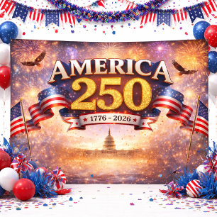 Pancarta de América 250 con fuegos artificiales