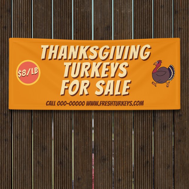Pancarta de Aves Turcas De Acción De Gracias Por V (Add your turkey business details to this orange Thanksgiving Turkeys For Sale Business Banner)