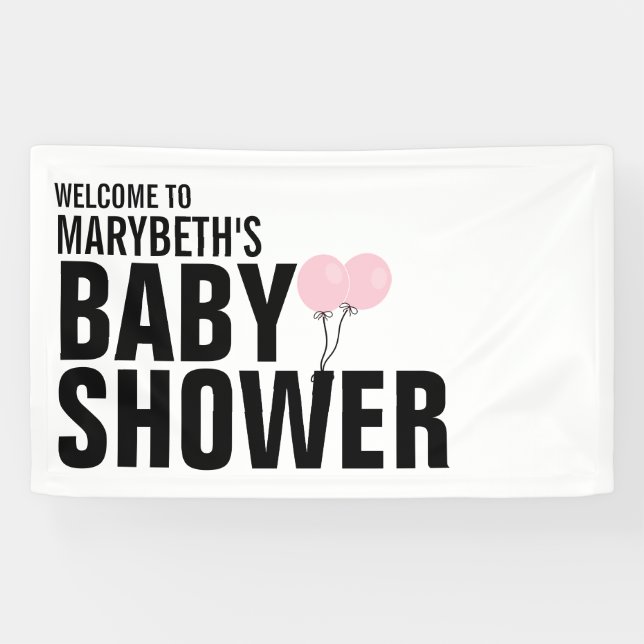 Pancarta de Baby Shower con globo rosa simple para (Horizontal)