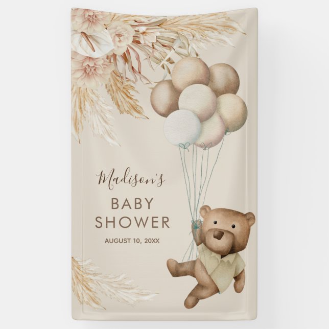 Pancarta de Baby Shower de Pampas Grass Teddy Bear (Vertical)