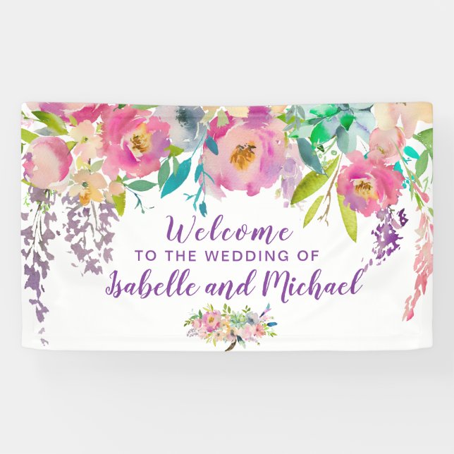 Pancarta de bienvenida boda Pastel Floral Rosa y M (Horizontal)