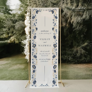 Pancarta de bienvenida de boda floral azul marino 