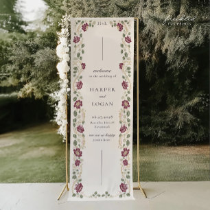 Pancarta de bienvenida de boda floral de Borgoña d