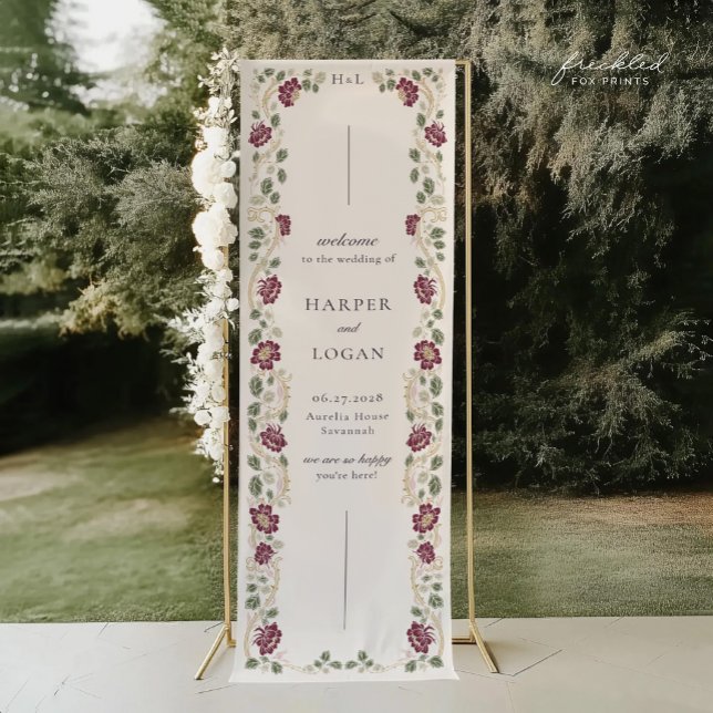 Pancarta de bienvenida de boda floral de Borgoña d (Burgundy floral Art Nouveau Wedding Welcome Banner)