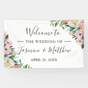 Pancarta de bienvenida de boda floral rosada