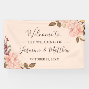 Pancarta de bienvenida de boda floral rosada