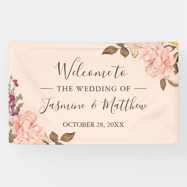 Pancarta de bienvenida de boda floral rosada (Horizontal)