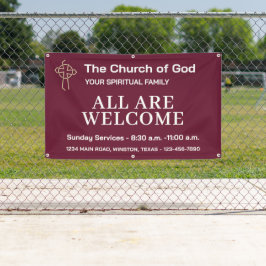 Pancarta de bienvenida de la Iglesia Marrón con su