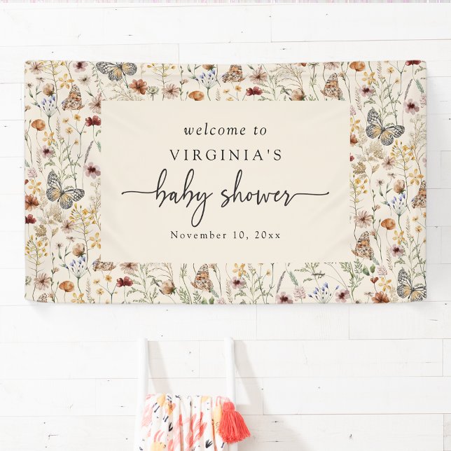 Pancarta de bienvenida para baby shower de maripos (Butterfly Floral Baby Shower Welcome Banner by Painted Paperie
)