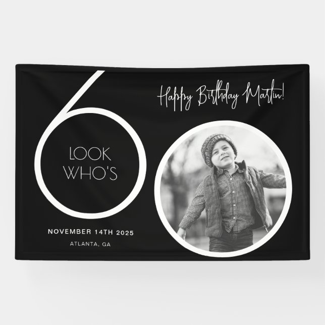 Pancarta de Black Modern Photo 60th Birthday (Horizontal)