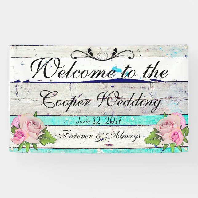 Pancarta de boda de madera rústica y floral (Horizontal)