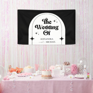 Pancarta de boda minimalista retro arco negro y bl