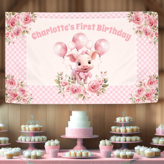 Pancarta de Chica de cerdo rosado primer Fiesta de (Pink Cute Piggy Girl 1st Birthday Party Banner)