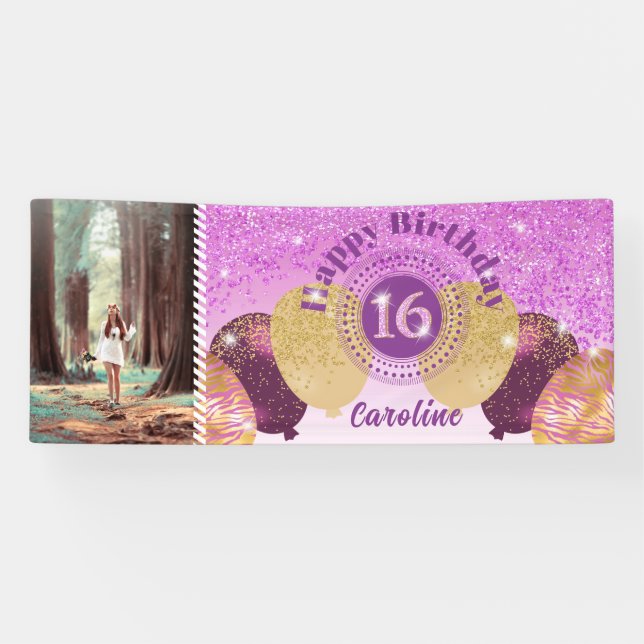 Pancarta de cumpleaños 16 Purpurina Rosado y globo (Horizontal)
