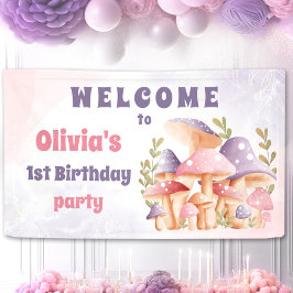 Pancarta de cumpleaños 1.ª morada en hongos rosado