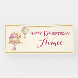 Pancarta de cumpleaños con globo aerostático rosa