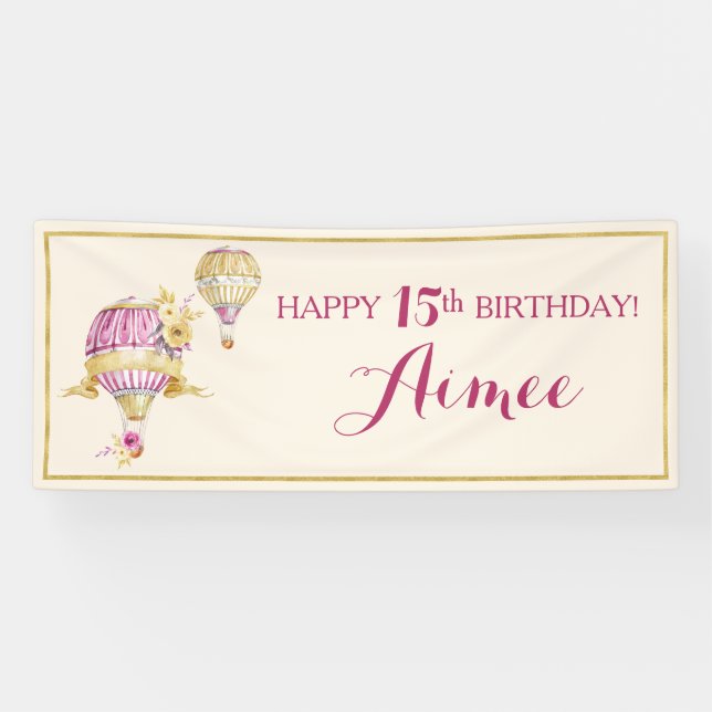 Pancarta de cumpleaños con globo aerostático rosa  (Horizontal)