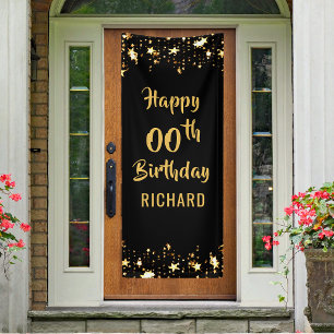 Pancarta de cumpleaños con pincelada negra y dorad