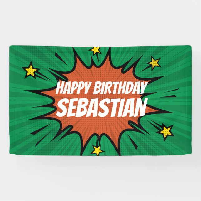 Pancarta de cumpleaños de Green Action Hero (Horizontal)