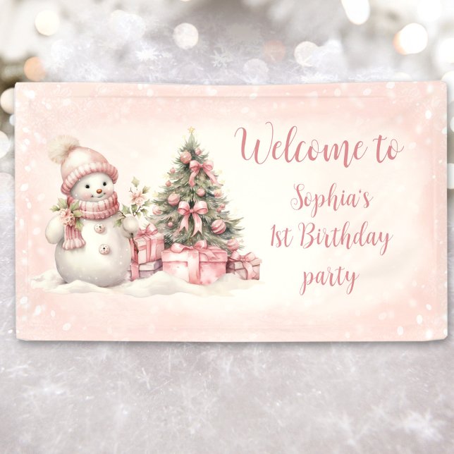 Pancarta de cumpleaños de los Navidades rosados de (Vintage Snowman Pink Christmas 1st Birthday Banner)
