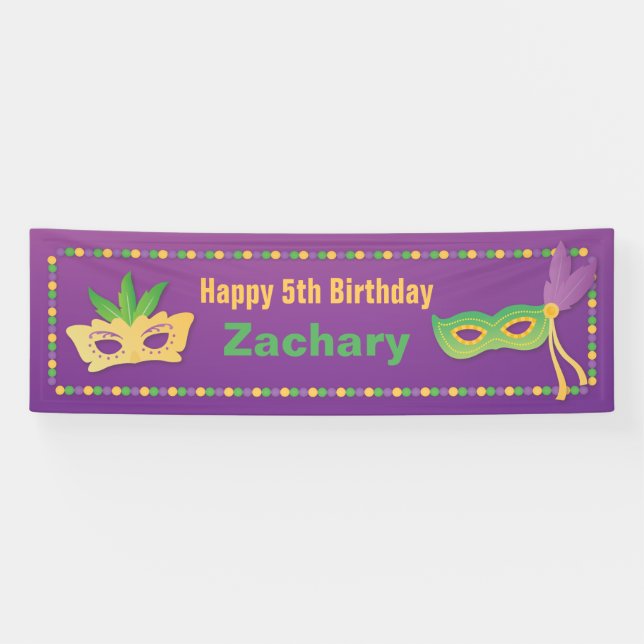 Pancarta de cumpleaños de Mardi Gras de Máscaras y (Horizontal)