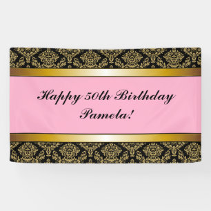 Pancarta de cumpleaños de oro de color negro rosa