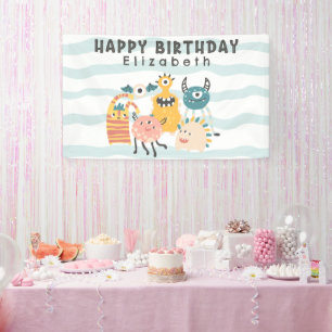 Pancarta de cumpleaños de pequeños monstruos color