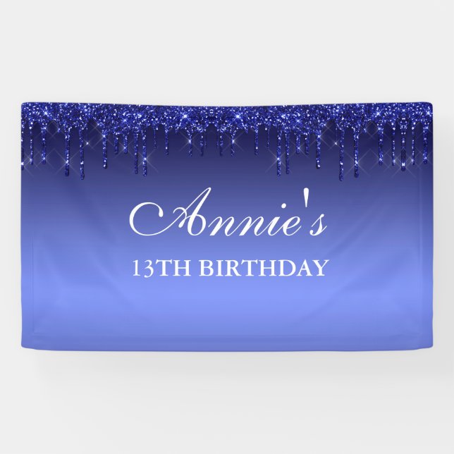 Pancarta de cumpleaños del Purpurina de goteo azul (Horizontal)