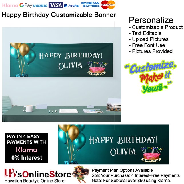 Pancarta de cumpleaños feliz de personalizable 1 (Happy Birthday Gold Green Party Supplies Celebrate Decoration Presents 1.
)