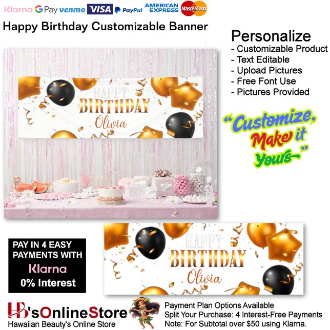 Pancarta de cumpleaños feliz de personalizable 3 (Happy Birthday Gold Black Party Supplies Celebrate Decoration Presents 3.)