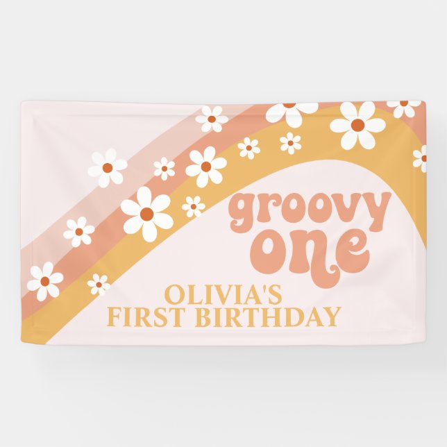 Pancarta de cumpleaños Groovy One Retro Daisy (Horizontal)