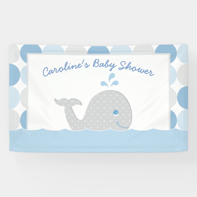 Pancarta de ducha de bebé ballena en azul y gris (Horizontal)
