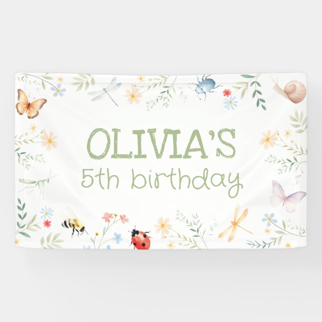 Pancarta de Fiesta de insectos de cumpleaños Chica (Horizontal)