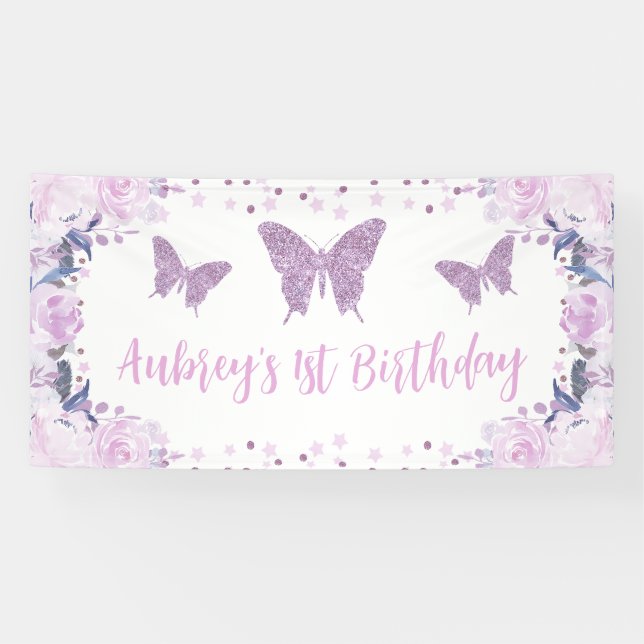 Pancarta de fondo de cumpleaños de mariposa morada (Horizontal)