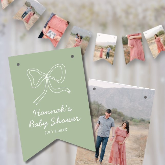 Pancarta de fotos Baby Shower personalizada de Sag (Sage Green Personalized Baby Shower Photo Banner)