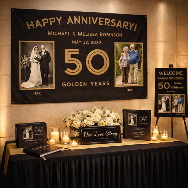 Pancarta de fotos del 50° aniversario del Boda Bla (Golden years deserve a backdrop this elegant.)