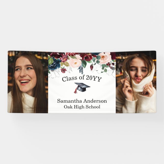 Pancarta de graduación de Floral de Borgoña person (Horizontal)