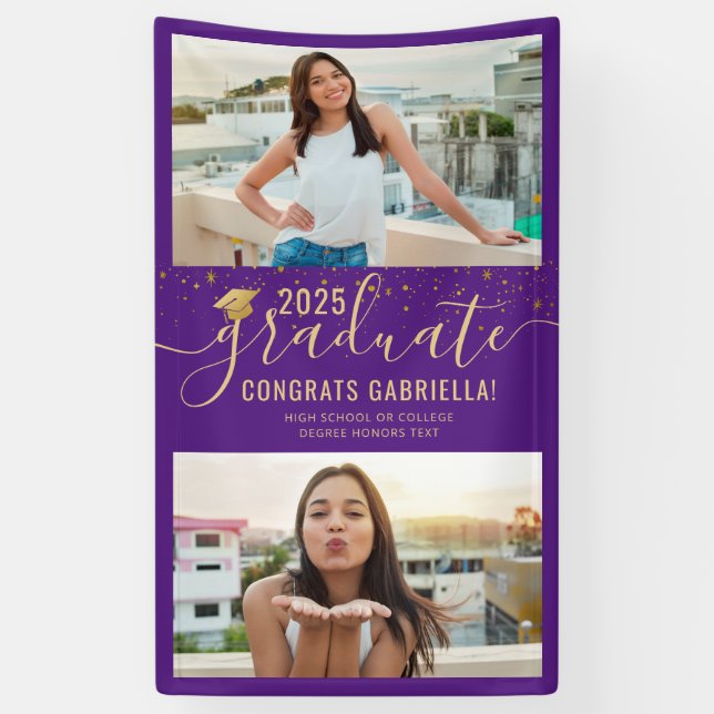 Pancarta de Graduación Foto: Purple Gold Confetti (Vertical)
