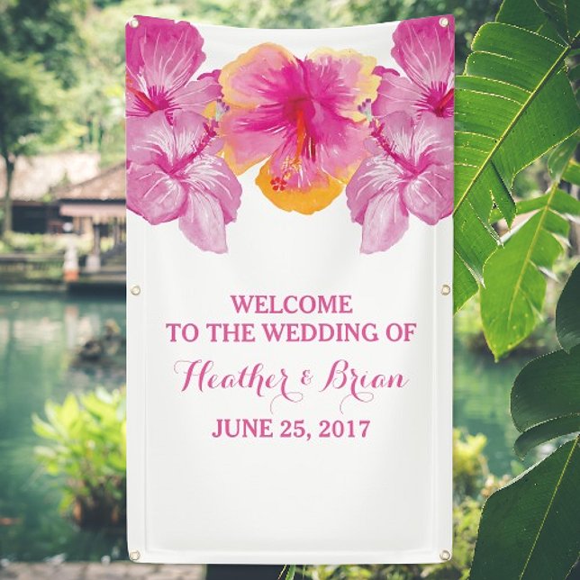 Pancarta de Hibiscus Floral Boda (Brushed Hibiscus Floral Wedding Welcome Banner)