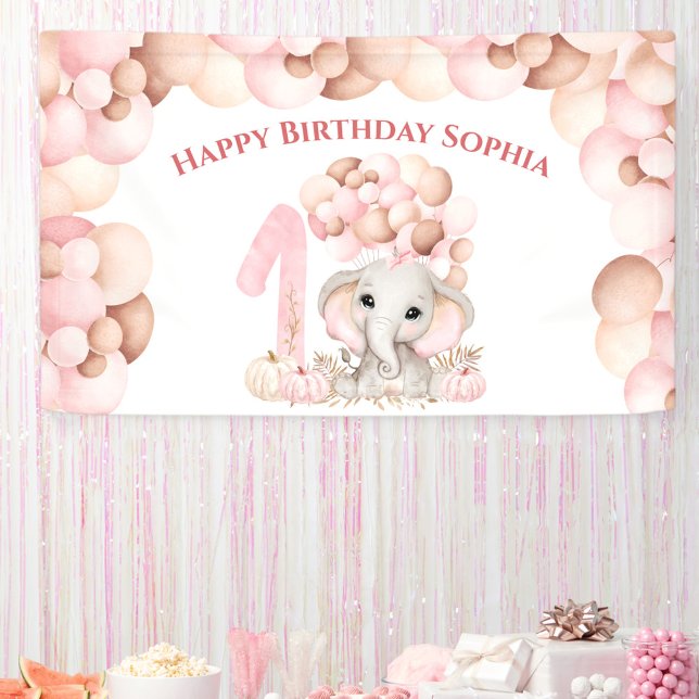 Pancarta de los globos de los elefantes Chicas del (First Birthday Fall Elephant Girl Balloons Banner)