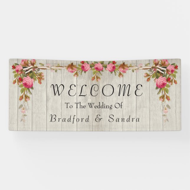 Pancarta de madera de pino rosa rosa Rústico Boda  (Horizontal)